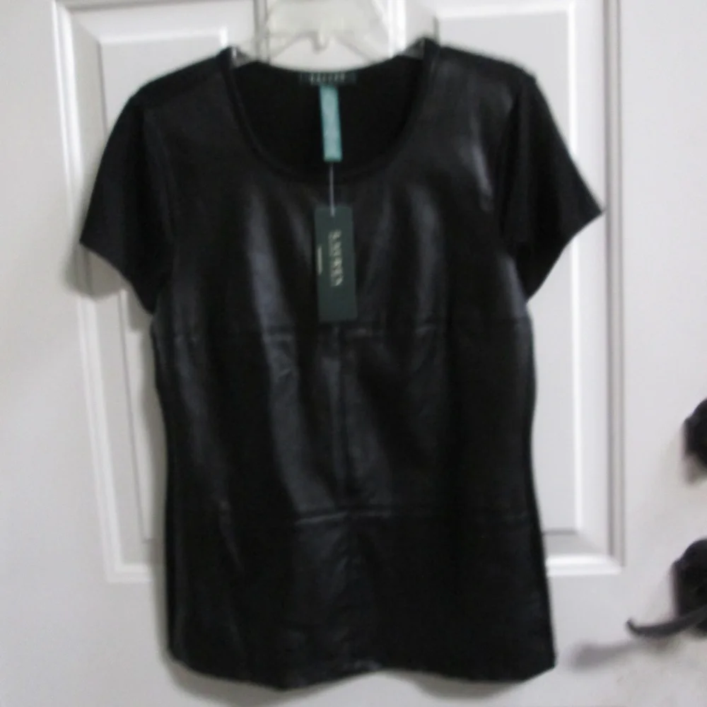 new RALPH LAUREN Black leather look like pullover blouse Sz - Picture 1 of 14